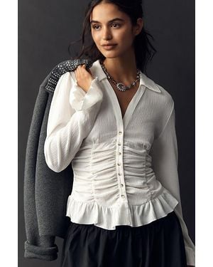 Maeve Smocked V-Neck Ruffle Top - Black
