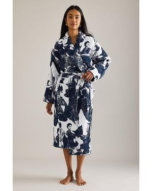 Desmond & Dempsey Flora Towelling Robe - Blue