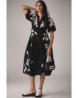 By Anthropologie Short-Sleeve Embroidery Appliqué Midi Dress - Black