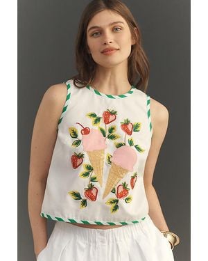 Maeve Fruit Embroidered Halter Top - White