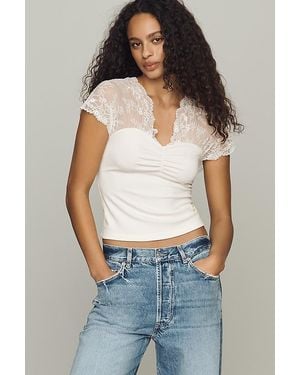 By Anthropologie Lace Cap-Sleeve Top - Blue