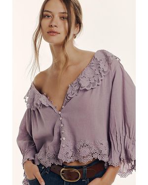 By Anthropologie Linen Lace-Collar Blouse - Purple