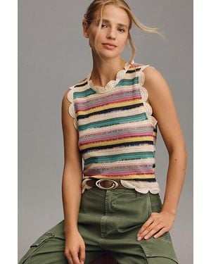 Blue Tassel Sleeveless Crochet Scallop-trim Top - White