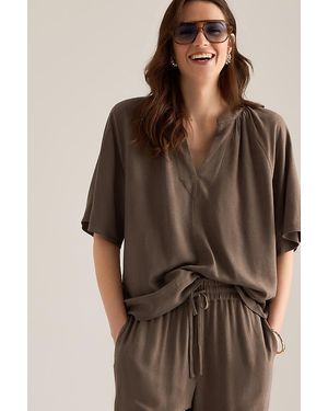 SELECTED Viva Linen-Blend Short-Sleeve Top - Brown