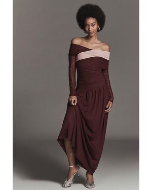 SOVERE Cascade Long-Sleeve Off-Shoulder Mesh Maxi Dress - Brown