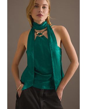 By Anthropologie Satin Scarf-Detail Halter Top - Green