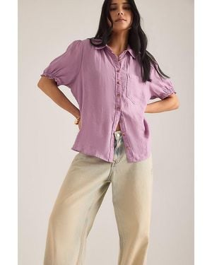 Pilcro Aly 100% European Linen Puff-Sleeve Blouse - Pink