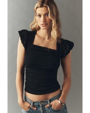 Maeve Flutter-Sleeve Square-Neck Top - Black
