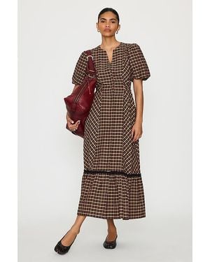 By Anthropologie Puff-Sleeve Check Midi Dress - Red