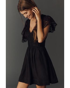 By Anthropologie Eyelet Flutter-Sleeve V-Neck Mini Dress - Black