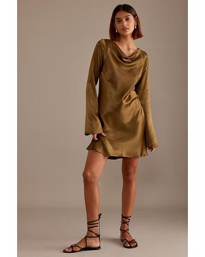 Anthropologie Long-Sleeve Satin Bias Cut Mini Slip Dress - Green