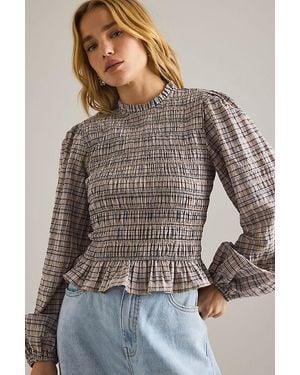 By Anthropologie Long-Sleeve Check Smock Blouse - Brown