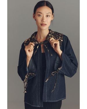 Maeve Leopard Collar Denim Boxy Jacket - Grey