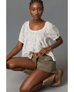 Pilcro Cotton-Blend Puff-Sleeve Cropped Blouse - Grey