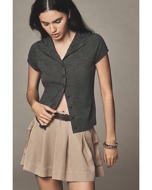 Pilcro Merino Wool Mock-Neck Short-Sleeve Cardigan - Grey