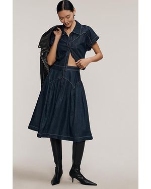 Maeve Yoked Denim Midi Skirt - Blue