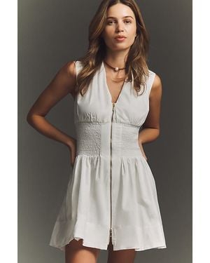 Maeve The Tommie Cap-Sleeve Smocked Front-Zip Shirt Dress: Mini Edition - Grey