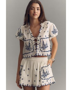 Maeve Cotton Embroidered Tie-Front Top - Natural