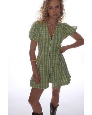 Pilcro Puff-Sleeve Zip-Front Mini Dress - Green