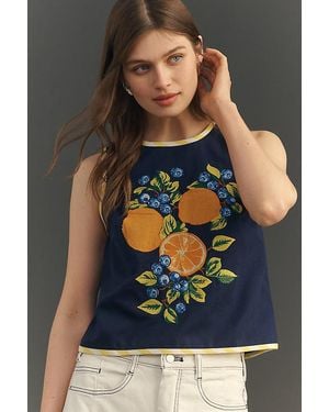 Maeve Fruit Embroidered Halter Top - Blue