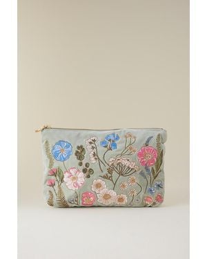 Elizabeth Scarlett Pressed Flowers Embroidered Velvet Pouch - Blue