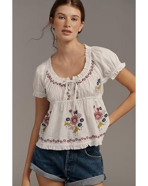 By Anthropologie Puff-Sleeve Embroidered Babydoll Top - Natural