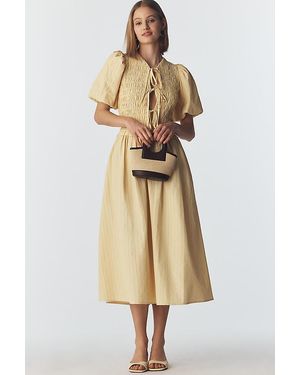 Extro & Vert Sara Puff-Sleeve Tie-Front Midi Dress - Natural