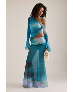 Feners Susurro Ruched Drop-Waist Mesh Maxi Skirt - Blue