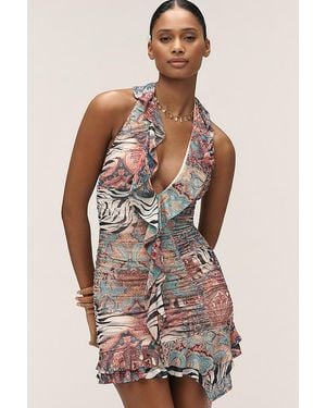 AFRM Odessa Halter V-Neck Ruffled Mini Dress - Multicolour