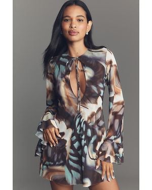 AFRM Kori Long-Sleeve Mesh Ruffled Mini Dress - Grey