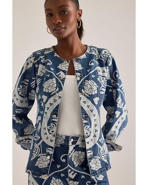 Never Fully Dressed Amara Collarless Printed Denim Jacket - Blue