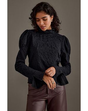 By Anthropologie Puff-Sleeve Turtleneck Jacquard Top - Grey