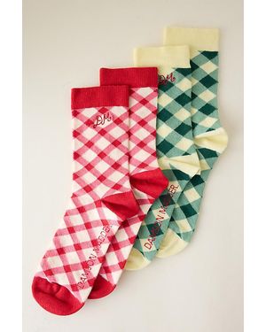 Damson Madder Gingham Calf Socks, 2 Pack - Red