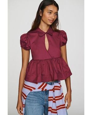 Maeve Keyhole Ruffled Peplum Blouse - Red