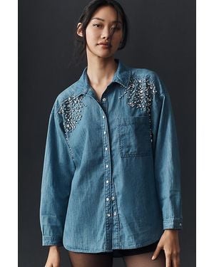 By Anthropologie Crystal-Embellished Denim Buttondown Shirt - Blue