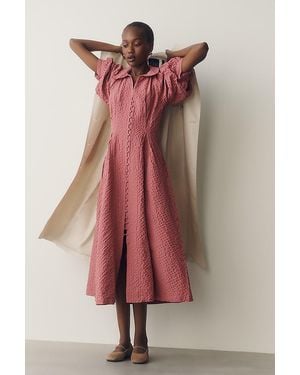 English Factory Puff-Sleeve Textured Midi Shirtdress - Pink