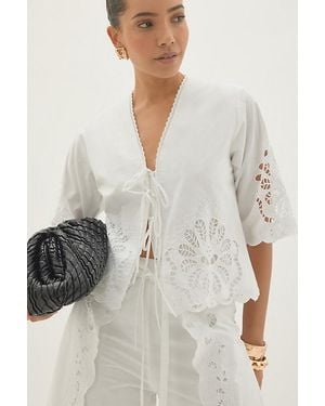 By Anthropologie Astraia Tie-Front Cutwork Blouse - Grey