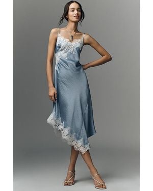 By Anthropologie Asymmetric Lace Satin Slip Dress - Blue