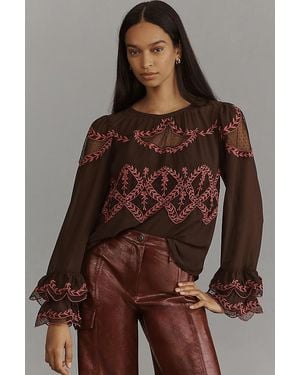 By Anthropologie Long-Sleeve Appliqué Blouse - Brown