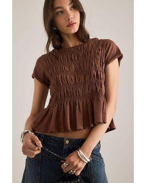 Pilcro Garment Dye Ruched Crew-Neck Cap-Sleeve T-Shirt - Brown