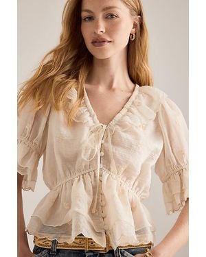 By Anthropologie Ruffle Puff-Sleeve Tie-Front Blouse - Natural