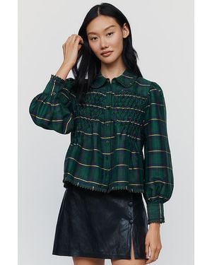 Maeve Smocked Puff Sleeve Blouse - Green