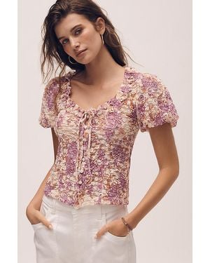 By Anthropologie Sheer Lace Puff-Sleeve Top - Pink