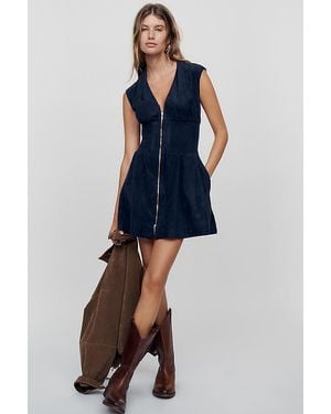 Maeve The Tommie Cap-Sleeve Smocked Front-Zip Shirt Dress: Faux-Suede Edition - Blue