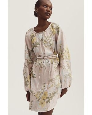 Siempre Long-Sleeve Scoop-Neck Brocade Mini Dress - Grey