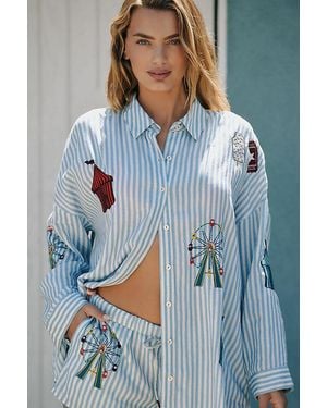 Celandine Linen Embroidered Buttondown Shirt - Blue