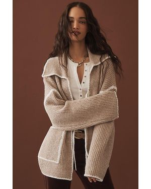 Flat White Collared Whipstitch Cardigan - Brown