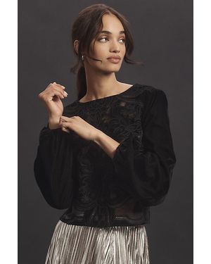 By Anthropologie The Lainie Long-Sleeve Lace Cutwork Blouse: Velvet Edition - Black