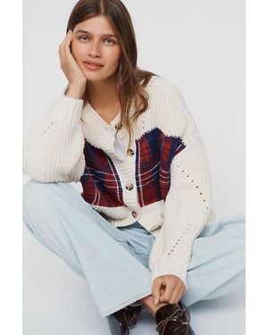 Maeve Oversized Plaid Pointelle Cardigan - Grey