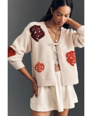 Flat White Embroidered Flower Cardigan - Black